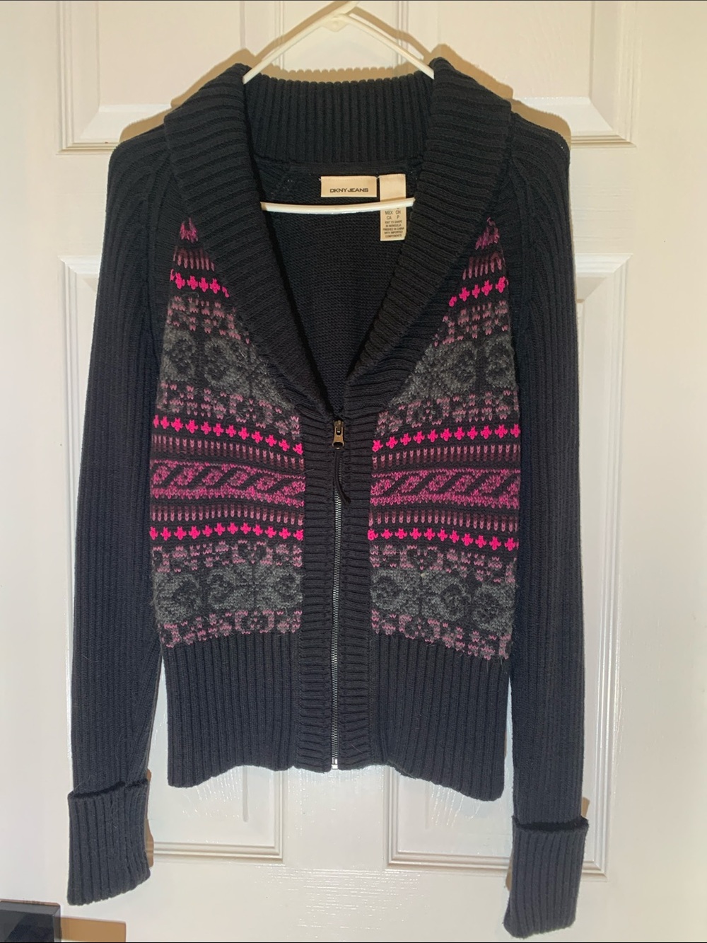 Dkny Black Shawl Collar Zip Cardigan with Pink and Gray Fair Isle